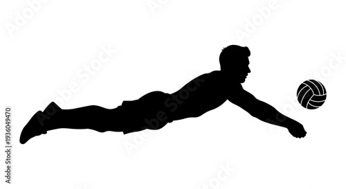 Volleyball Player Diving Silhouette – Male Athlete Save Action Black Vector Illustration.