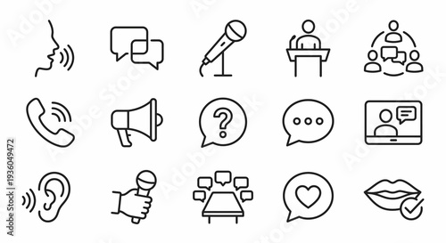 Monochrome thin line icons for speaking and communication. Talking, conversation, and public speech collection. Vector illustration for consultation, conference, and voice-related concepts.