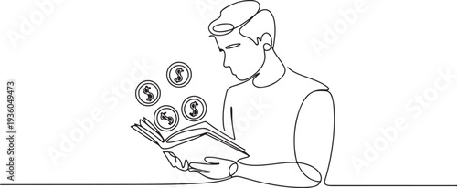 Continuous one line drawing of young man holding open book with money coins inside, learning financial literacy concept, one line art icon drawing vector