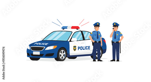 Two male police officers in blue uniforms stand next to a blue and white police car with flashing lights on a white background.