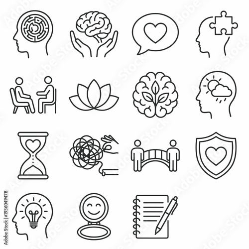 Monochrome thin line icons for mental health and psychology. Therapy, counseling, and emotional wellness collection. Vector illustration for mindfulness, growth, and psychiatric support concepts.