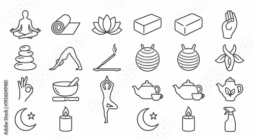 Solid black icons for yoga and wellness. Pilates, meditation, and mindfulness collection. Vector illustration for zen lifestyle, balance, and holistic health concepts.