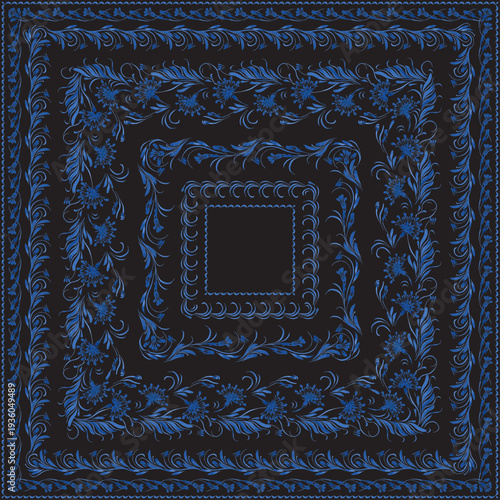 Vector floral seamless border patterns from hand painted blue carnation flowers and leaves on a black background. 6 pattern brushes in the brush palette