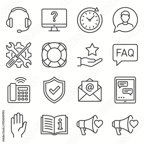 Monochrome thin line icons for customer support and help desk. Service assistance and technical aid collection. Vector illustration for call center, satisfaction, and troubleshooting concepts.