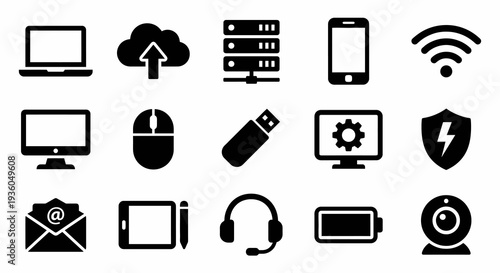 Solid black icons for technology and digital office. Cloud computing, hardware, and cybersecurity collection. Vector illustration for IT services, remote work, and software development concepts. Black