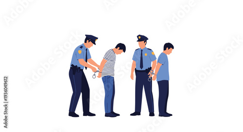 Two male police officers in blue uniforms are actively handcuffing two male suspects on a plain white background.