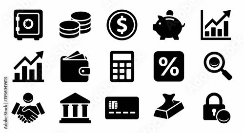 Solid black icons for finance and investment. Money management, banking, and stock market collection. Vector illustration for financial planning, savings, and economy concepts. Black and white.