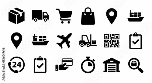 Solid black icons for logistics and e-commerce. Delivery, shipping, and online shopping collection. Vector illustration for supply chain, transport, and retail business concepts. Black and white.