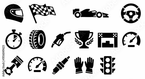 Solid black icons for motorsport and racing. Speed, car racing, and track equipment collection. Vector illustration for automotive events, racing games, and high-performance concepts. Black and white.