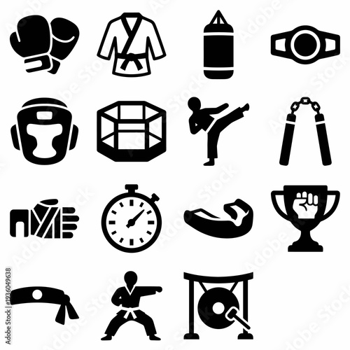Solid black icons for martial arts and combat sports. Boxing, karate, and MMA equipment collection. Vector illustration for training centers, fight promotions, and athletic competition concepts. Black