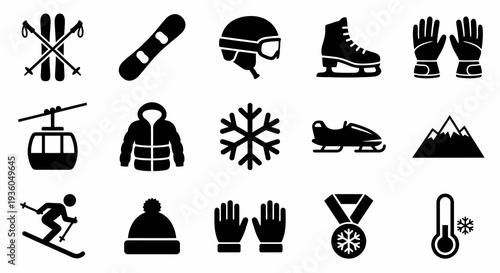 Solid black icons for winter sports and alpine activities. Equipment, gear, and mountain resort collection. Vector illustration for skiing, snowboarding, and winter tournament concepts. Black and whit