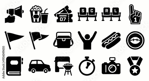 Solid black icons for American football fan experience and stadium vibe. Fan gear, concessions, tickets, and game day collection. Vector illustration for sports marketing, event planning, and athletic