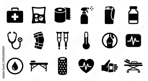 Solid black icons for sports medicine and recovery. First aid, rehabilitation gear, and athlete health collection. Vector illustration for physiotherapy, medical clinics, and sports injury prevention 