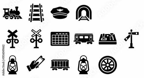 Solid black icons for trains and railway system. Locomotive, track, station, and timetable collection. Vector illustration for public transport, logistics, and railroad travel concepts. Black and whit
