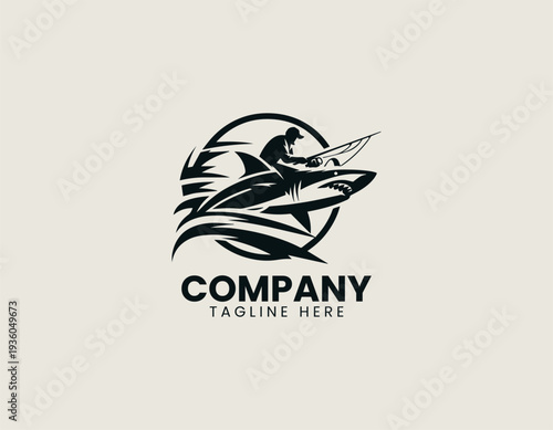 Fisherman riding shark with fishing rod in clean modern extreme adventure vector illustration style