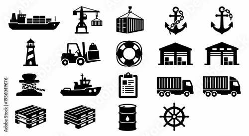 Solid black icons for logistics and seaport operations. Cargo ship, container, and maritime transport collection. Vector illustration for global trade, shipping industry, and harbor management concept