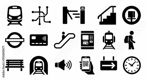 Solid black icons for subway and urban transport systems. Underground train, station, and transit collection. Vector illustration for public mobility, city travel, and metro navigation concepts. Black