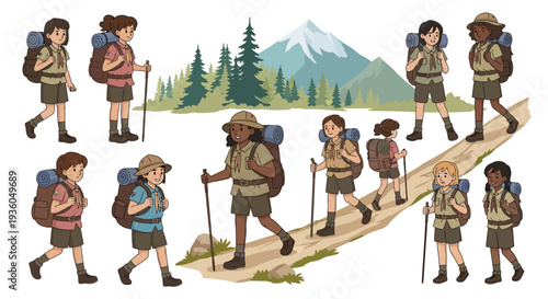 A group of kids and adults in scout uniforms hiking with backpacks and trekking poles in a scenic outdoor setting with mountains and trees