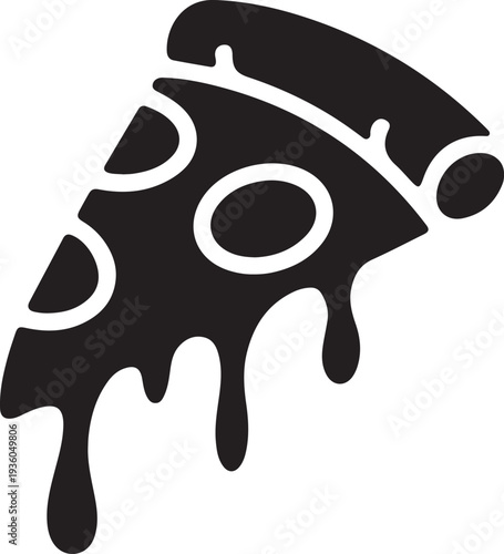 Pizza slice silhouette with flowing cheese vector illustration, black art icon drawing vector