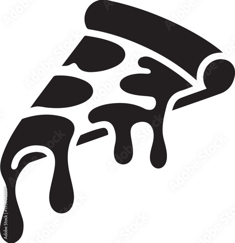 Pizza slice silhouette with flowing cheese vector illustration, black art icon drawing vector