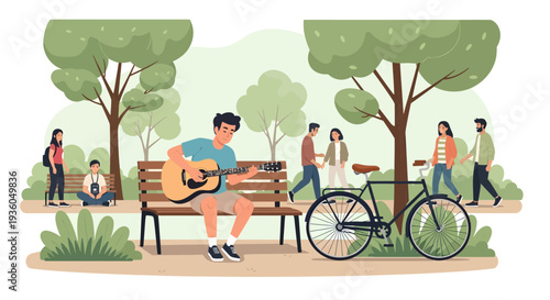 Young Man Playing Guitar on Park Bench.