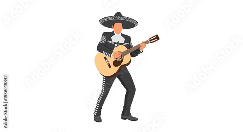 A male mariachi musician in a black charro suit with a sombrero stands playing an acoustic guitar on a white background.