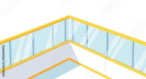 An isometric illustration showcases a bright yellow railing with transparent glass panels forming a sharp corner against a pristine white background.