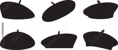 Set of black french beret hat silhouette vector flat illustration design. black art icon drawing vector