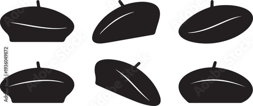 Set of black french beret hat silhouette vector flat illustration design. black art icon drawing vector