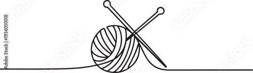 Continuous one line drawing of wool yarn and knitting needles. one line art icon drawing vector