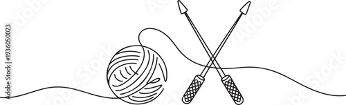 Continuous one line drawing of wool yarn and knitting needles. one line art icon drawing vector