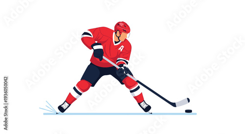 A male ice hockey player in a red and black uniform, helmet, and gloves actively stickhandles a black puck on an ice surface.