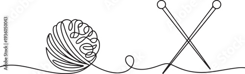Continuous one line drawing of wool yarn and knitting needles. one line art icon drawing vector