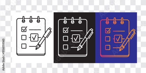 Checklist Notepad Icon with Pencil and Check Marks on Transparent Background, To Do List Icon Set Notebook Pencil Checkmark Black White Purple Variations