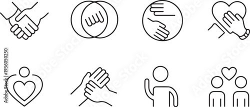 Friendship and love line icons. Interaction, Mutual understanding and assistance business. Trust handshake, social responsibility icons. one line art icon drawing vector