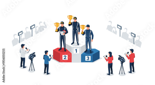 Three race car drivers in dark uniforms and helmets stand on a red, white, and blue podium, holding golden trophies amidst media personnel.