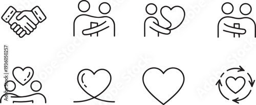 Friendship and love line icons. Interaction, Mutual understanding and assistance business. Trust handshake, social responsibility icons. one line art icon drawing vector