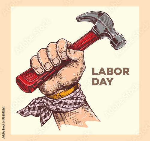 Vintage Labor Day Worker Hand Holding Hammer Illustration