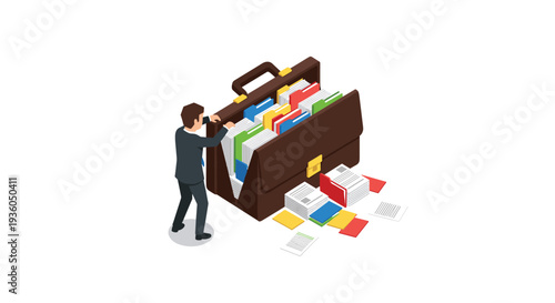 An isometric illustration features a businessman looking into an open brown briefcase overflowing with colorful files and scattered papers.