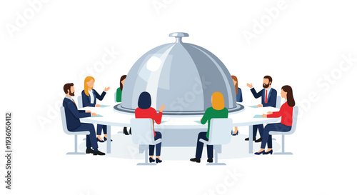 An isometric illustration depicts nine diverse business professionals seated around a circular conference table with a large silver cloche.