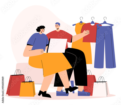 Couple Shopping Online for Clothes on Laptop.