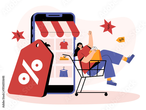 Woman in Shopping Cart Using Mobile Clothing App.