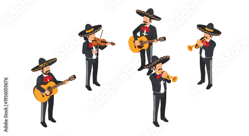 An isometric illustration presents a five-member mariachi band in traditional attire playing guitars, violin, and trumpets.
