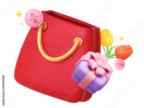 Spring summer sale concept with shopping bag, gift box, tulip flowers and percent discount symbols. 