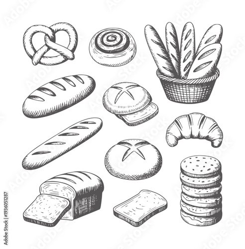 Black and white hand drawn of various baked goods bread pretzel croissant baguette