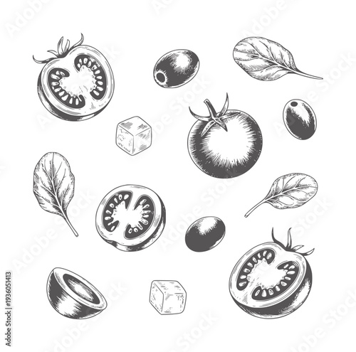 Black and white ink of tomatoes olives spinach and cheese cubes