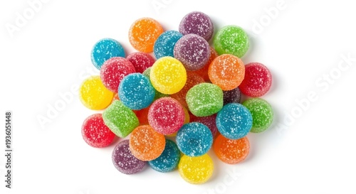Brightly colored, sugar-dusted gummy candies in a pile, isolated on white.
