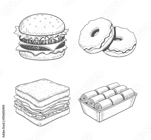 Black and white line of a hamburger sandwich donuts and spring rolls