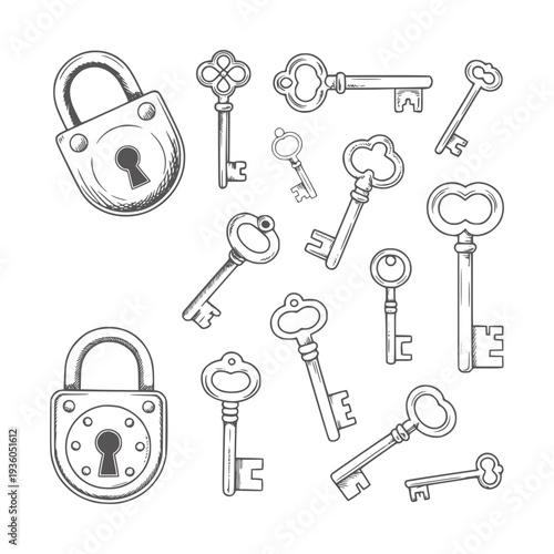 Black and white of antique locks and keys scattered across white vintage metal