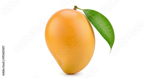 A vibrant, ripe yellow mango with a green leaf, isolated on a white background. Fresh tropical fr...